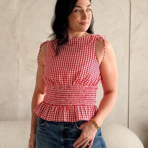 Red Gingham Smocked Peplum Top – Tie Shoulder Detail